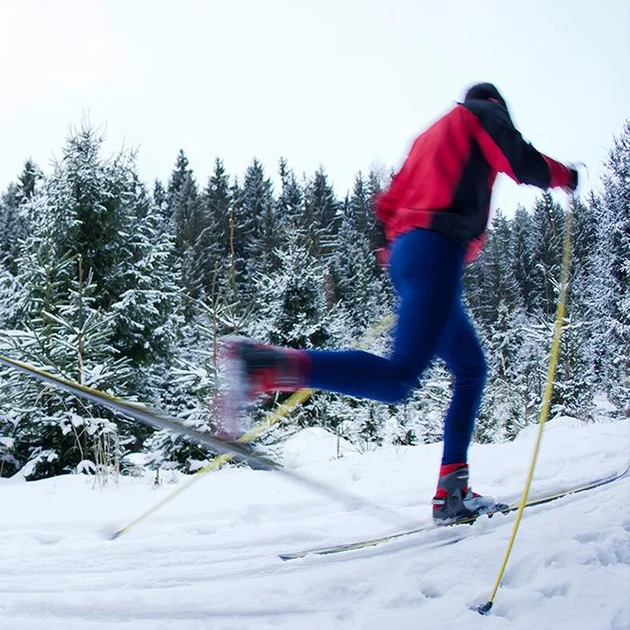 Langläufer in Bewegung durch verschneiten Wald im Allgäu nahe Oberstaufen, aufgenommen beim dynamischen Skilanglauf.