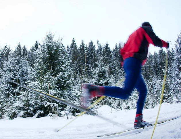 Langläufer in roter Jacke auf Schneelandschaft mit Bergen im Hintergrund