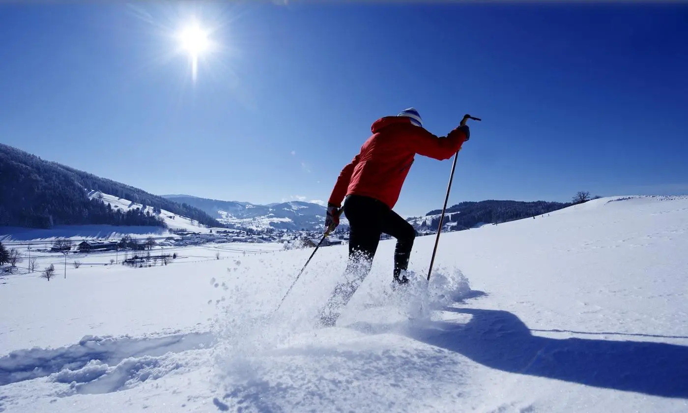 Person in roter Jacke geht mit Skistöcken durch tiefen Schnee bei strahlendem Sonnenschein in winterlicher Berglandschaft.