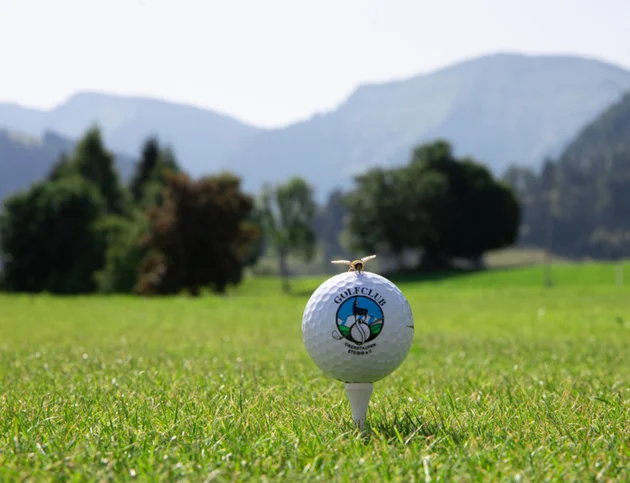 Golfball auf einem Tee auf einer Wiese mit Bergen im Hintergrund.
