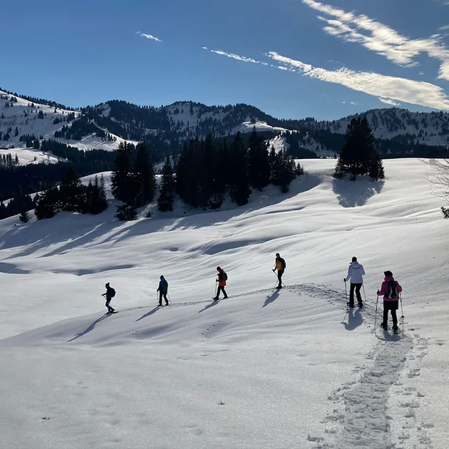 Gäste auf einer geführten Schneeschuhtour im Allgäu mit verschneiten Bergen und blauem Himmel im Hintergrund.