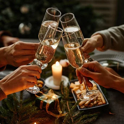 Vier Personen stoßen mit Sektgläsern auf Weihnachten an