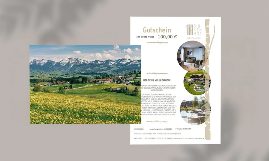 Frühlingsgutschein des Hotel Birkenhof mit Panoramaaufnahme der Allgäuer Berglandschaft und Infoseite zum Hotelangebot.