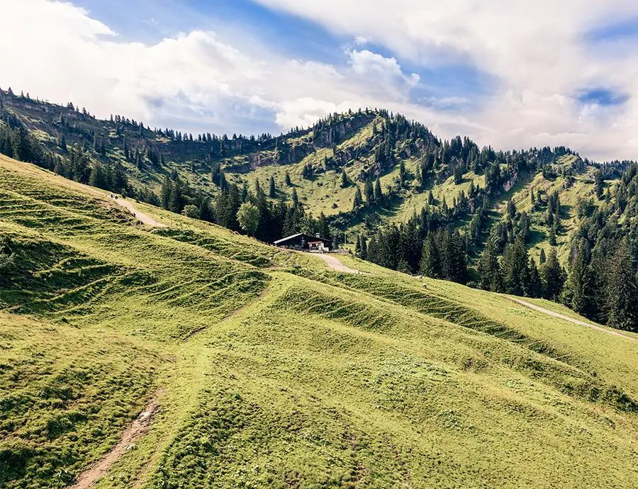 Grüne Berglandschaft mit Hütten und Wanderwegen im Allgäu