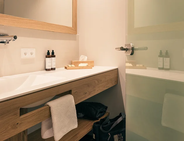 Modernes Badezimmer mit Holzwaschtisch, großem Spiegel und Glasdusche.