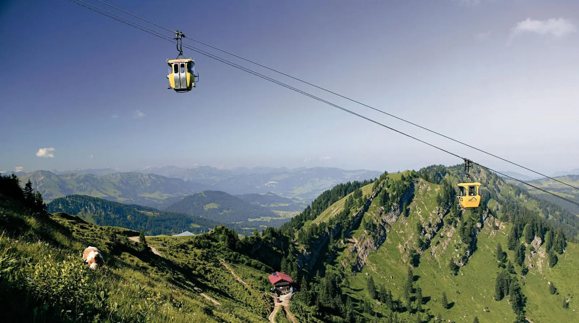Zwei gelbe Gondeln einer Seilbahn fahren über eine grüne Berglandschaft mit weitem Blick ins Allgäu.