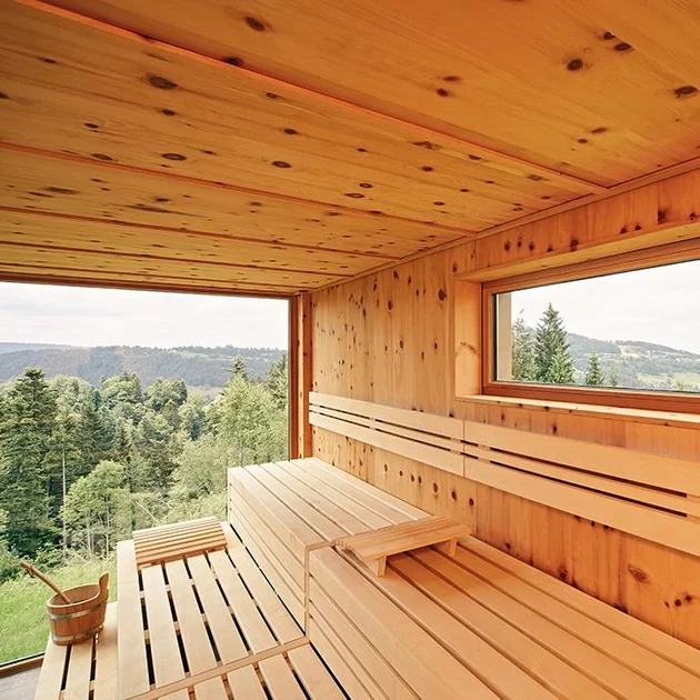 Panoramasauna mit Ausblick auf die Natur und den Wald im Sommer