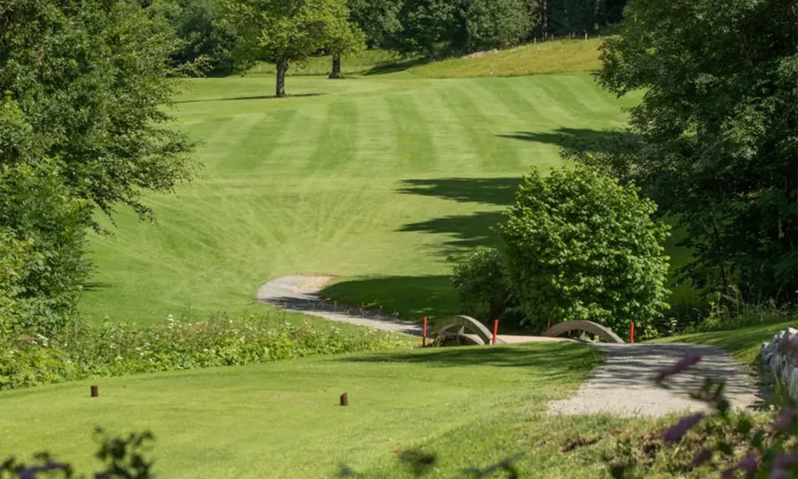 Schmaler Golfplatzabschnitt mit gepflegtem Rasen, Bäumen und kleinem Holzsteg.