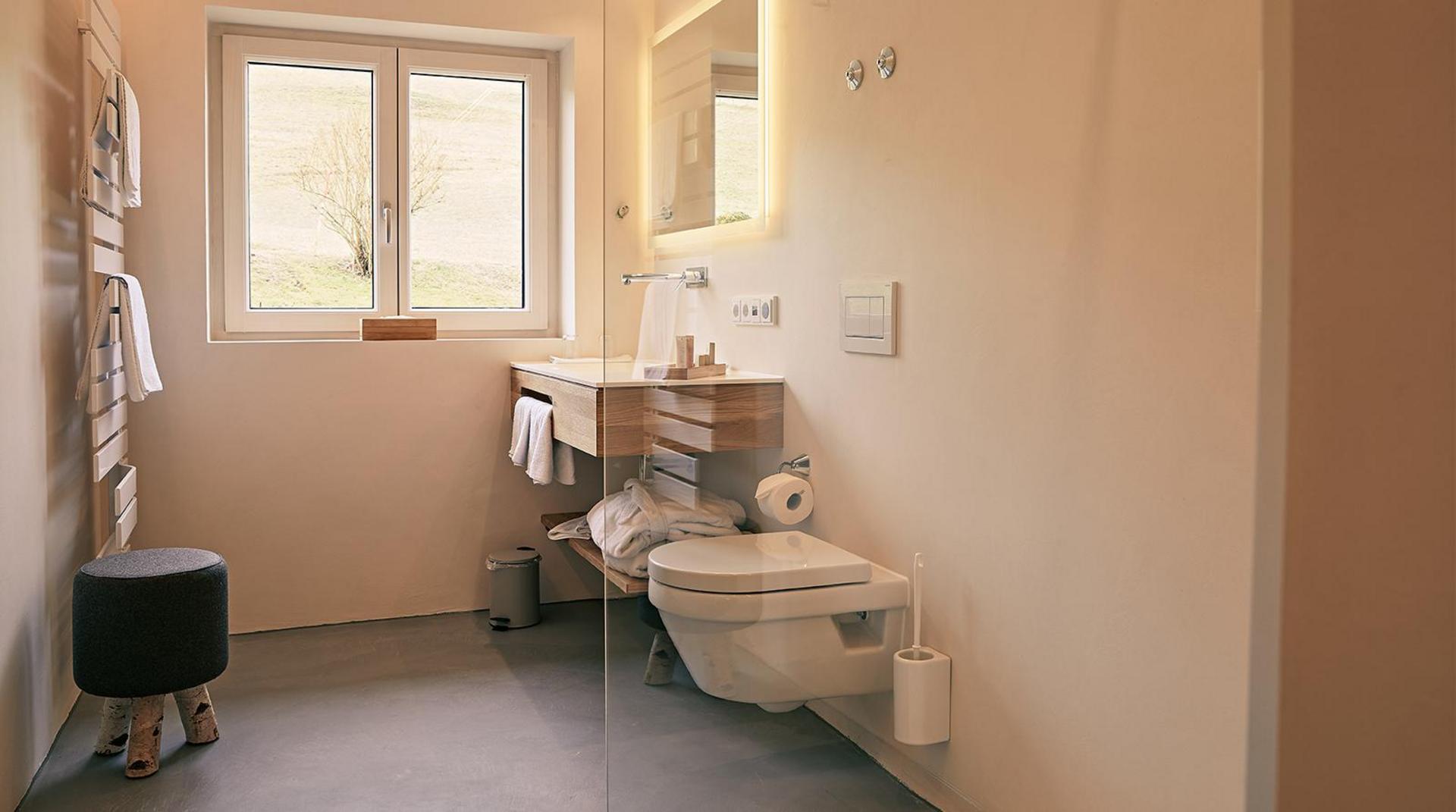 Großes Bad mit Dusche, WC und Waschtisch vor Fenster.