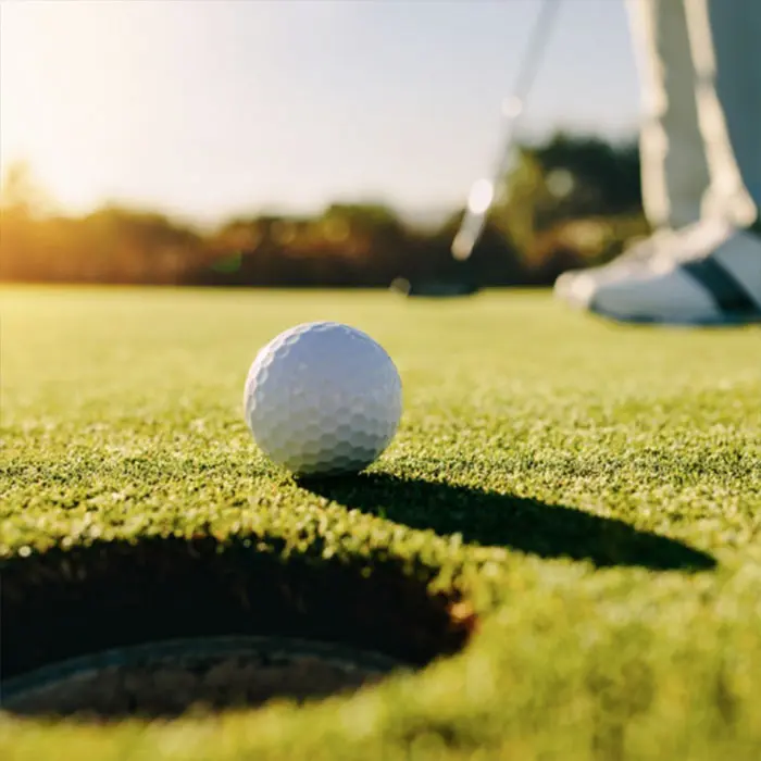 Golf ball lies just before the hole on a manicured green, player with club in the background.