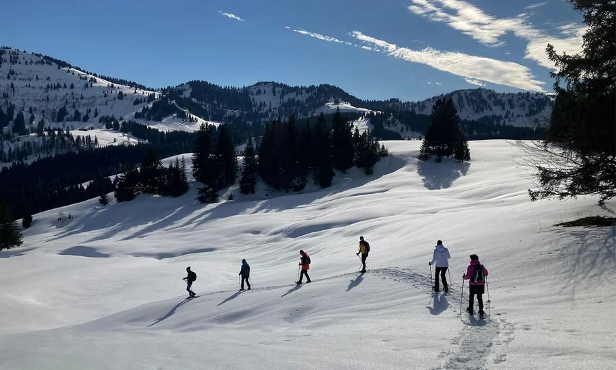 Gruppe von sechs Menschen wandert mit Schneeschuhen durch eine verschneite Berglandschaft bei Sonnenschein.