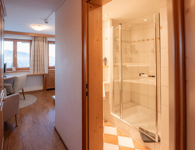 Badezimmer mit Dusche und Blick in den Wohnbereich mit Fensterfront und Schreibtisch.