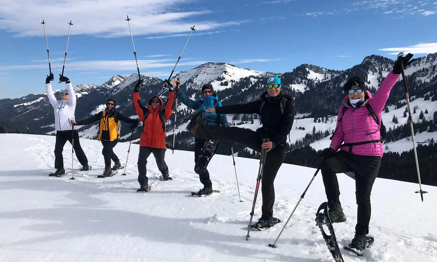 Sechs Personen in Winterkleidung posieren mit Schneeschuhen und erhobenen Skistöcken vor verschneiten Bergen.