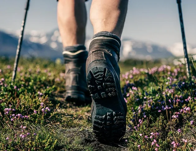 Nahaufnahme von Wanderstiefeln beim Gehen über blühende Bergwiese.