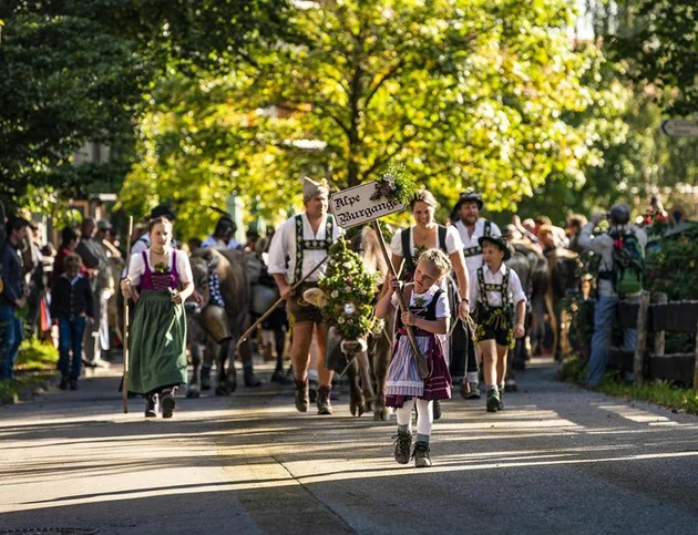 Traditioneller Almabtrieb mit geschmückten Kühen und Trachtenumzug in Oberstaufen