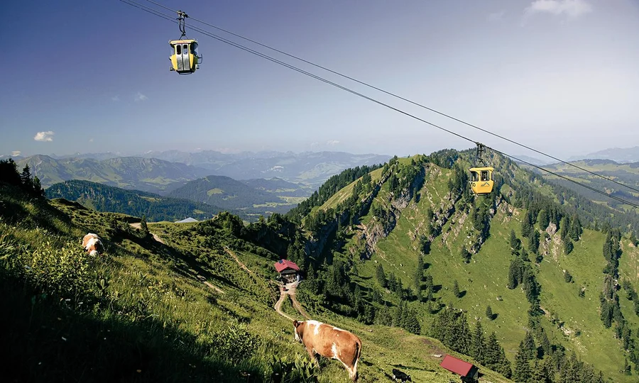 Seilbahn fährt über grüne Allgäuer Berglandschaft mit Kühen auf der Weide und weitem Blick ins Tal.
