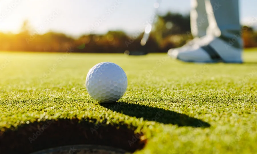 Golfball kurz vor dem Einlochen, Spieler im Hintergrund auf sonnigem Grün.