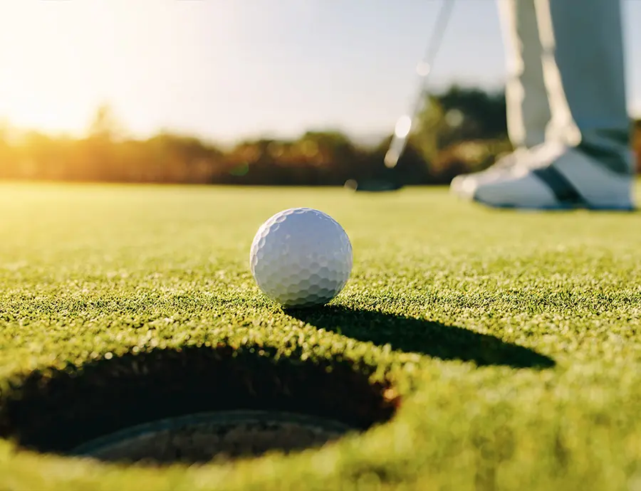 Nahaufnahme eines Golfballs am Loch auf dem gepflegten sonnigen Rasen – Hotel Birkenhof Oberstaufen Allgäu